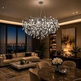 Apliqa Masal 80'lık Yuvarlak Krom Kristal Taşlı Modern, Oturma Odası, Salon Avize Gümüş