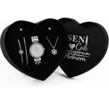 Apollon Gift Anneler Gününe Özel Tasarım Kalp Kutu & Kar Tanesi Kolye & Ikili Zirkon Taşlı Bileklik & Ikili Küpe & Metal Kordon Saat Seti