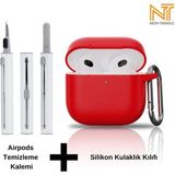 Apple Airpods 4. Nesil Uyumlu Yüksek Kalite Liquid Silikon Tıpalı Kılıf ve Elektronik Temizleme Kalemi - Kırmızı