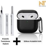 Apple Airpods 4. Nesil Uyumlu Yüksek Kalite Liquid Silikon Tıpalı Kılıf ve Elektronik Temizleme Kalemi - Siyah