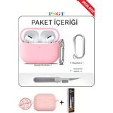apple Airpods Pro/pro2 Kılıf Kapak Temizleme Kalemi ile Tam Koruyucu Silikon Kılıf , Ön LED Görünür - Pro 2 - Pembe