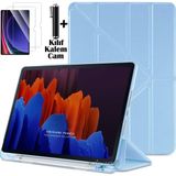 Apple iPad 7. 8. 9. Nesil 2020 2021 10.2 Inç Kılıf Kalem Bölmeli Katlanabilir Standlı Yumuşak Silikon Kapak + Ekran Koruyucu Cam + Dokunmatik Kalem 3'lü Set - iPad 10.2 - Mavi