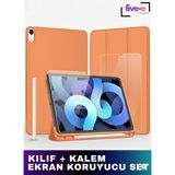 Apple iPad Air 5. Nesil 10.9 (2022) Kılıf Ekran Koruyucu ve Stylus Kalemli 3'ü 1 Arada Full Gear Set A2588 A2589 A2591 - Turuncu