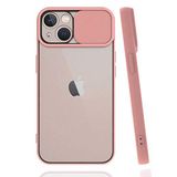 Apple iPhone 13 Mini ile uyumlu Kılıf Slayt Sürgülü Arkası Buzlu Lensi Kapak - Pembe Açık