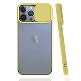 Apple iPhone 13 Pro Max ile uyumlu Kılıf Slayt Sürgülü Arkası Buzlu Lensi Kapak - Sarı