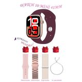 Apple İphone 16 Plus Uyumlu Bordo Akıllı Saat Watch 10 Mini Kordon Hediyeli Amoled Ekran 41Mm