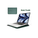 Apple Macbook Pro 14 İnç M3 A2992 A2918 Uyumlu Deri Mıknatıslı Çanta Stantlı Şık Tasarım Haki