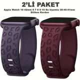 Apple Watch 10 42MM – 6 7 8 9 10 Se Uyumlu 38-40-41MM Leopar Desenli 2'li Silikon Kordon Seti - Mor - Şarap Kırmızısı - Watch 10 42mm / 38-40-41mm