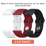 Apple Watch ile Uyumlu 11 10 9 8 7 6 SE Ultra Uyumlu 44 45 46 49mm Silikon Kordon Seti 3’lü Paket Saat Kayışı (Beyaz - Bordo - Siyah)