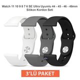 Apple Watch ile Uyumlu 11 10 9 8 7 6 SE Ultra Uyumlu 44 45 46 49mm Silikon Kordon Seti 3’lü Paket Saat Kayışı (Beyaz - Gri - Siyah)