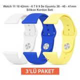 Apple Watch ile Uyumlu 11 10 9 8 7 6 SE Ultra Uyumlu 44 45 46 49mm Silikon Kordon Seti 3’lü Paket Saat Kayışı (Beyaz - Mavi - Sarı)