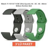 Apple Watch ile Uyumlu 11 10 9 8 7 6 SE Ultra Uyumlu 44 45 46 49mm Silikon Kordon Seti 3’lü Paket Saat Kayışı (Siyah - Gri - Yeşil)