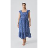 Apsen Collection Apsen Kadın Mavi Çiçek Desenli Kare Yaka Volan Kollu Katlı Etek Midi Yazlık Elbise 4524-115