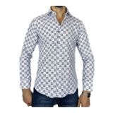 APT PRESTIGE Erkek Uzun Kol Mavi Slim Fit Dama Desenli Gömlek Beyaz M