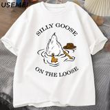 Aptal Kaz Üzerinde % Bol Tişört Pamuk Kısa Kollu Komik Hayvan Baskılı Tshirt Streetwear Tee G - Beyaz - XL