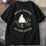 Aptal Kaz Üzerinde % Bol Tişört Pamuk Kısa Kollu Komik Hayvan Baskılı Tshirt Streetwear Tee G - Siyah