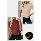 AQE FASHION 2 Adet Bisiklet Yaka Likralı Kısa Kollu Bluz Bordo - Vizon