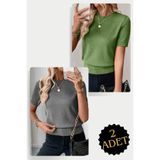 AQE FASHION 2 Adet Bisiklet Yaka Likralı Kısa Kollu Bluz Gri - Mint