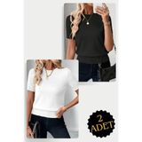AQE FASHION 2 Adet Bisiklet Yaka Likralı Kısa Kollu Bluz Siyah Beyaz