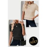 AQE FASHION 2 Adet Bisiklet Yaka Likralı Kısa Kollu Bluz Siyah Vizon