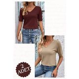 AQE FASHION 2 Adet Likralı V Yaka Esnek Kısa Kollu Triko Bluz Bordo-Vizon