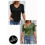AQE FASHION 2 Adet Likralı V Yaka Esnek Kısa Kollu Triko Bluz Siyah-Mint