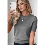 AQE FASHION Bisiklet Yaka Likralı Kısa Kollu Gri Bluz