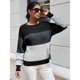 AQE FASHION Bisiklet Yaka Renk Bloklu Uzun Kollu Kadın Triko Kazak Antrasit/gri/beyaz - Siyah - Gri - Beyaz - M