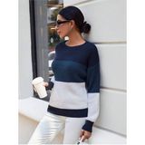 AQE FASHION Bisiklet Yaka Renk Bloklu Uzun Kollu Kadın Triko Kazak Lacivert/indigo/beyaz - Lacivert - Indigo - Beyaz - M