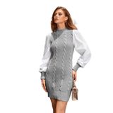AQE FASHION Bisiklet Yaka Selanik Örgü Yürütme Saç Desenli Gömlek Kol Triko Gri Elbise