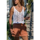AQE FASHION Kadın Ajurlu Askılı Beyaz V Yaka Örme Bluz