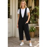 AQE FASHION Kadın Askılı U Yaka Cepli Salaş Kesim Basic Konforlu Bol Paça Siyah Tulum Salopet