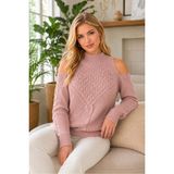 AQE FASHION Kadın Balıkçı Yaka Uzun Kollu Omuz Dekolteli Saç Örgülü Yumuşak Günlük Pudra Triko Kazak - 01P-Pembe - XL