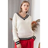 AQE FASHION Kadın Beyaz Şeritli V Yaka Kazak - XL