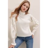 AQE FASHION Kadın Beyaz Triko Kazak Uzun Kollu Dantel Detaylı Günlük Stil - XL