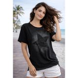 AQE FASHION Kadın Bisiklet Yaka Kısa Kollu Yıkamalı Yıldız Baskılı Omzu Fileli Bohem Salaş Rahat Siyah T-shirt