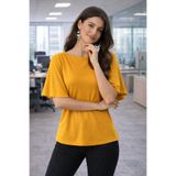 AQE FASHION Kadın Bluz Hardal Kısa Kollu Volan Kol Kayık Yaka Salaş Basic Rahat Kesim Günlük