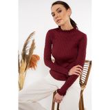 AQE FASHION Kadın Boğazı Fırfırlı Önü Ajurlu Kazak - M - Bordo