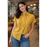 AQE FASHION Kadın Çizgili Üst Kısa Kollu Düğmeli Rahat Kalıp Modern Hardal Gömlek
