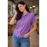 AQE FASHION Kadın Çizgili Üst Kısa Kollu Düğmeli Rahat Kalıp Modern Mor Gömlek