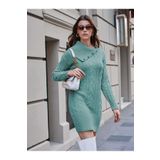 AQE FASHION Kadın Düğme Detaylı Uzun Kollu Saç Örgü Boğazlı Mendil Yaka Mint Triko Tunik Elbise