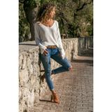 AQE FASHION Kadın Geniş Kollu V Yaka Ekru Kazak - XL