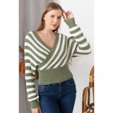 AQE FASHION Kadın Haki V Yaka Çizgili Uzun Kollu Kazak - XL