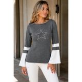 AQE FASHION Kadın Kayık Yaka Ispanyol Kol Taşlı Yıldız Detaylı Rahat Kesim Modern Şık Günlük Antrasit Beyaz Triko Kazak - 0-Gri - 3XL