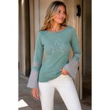 AQE FASHION Kadın Kayık Yaka Ispanyol Kol Taşlı Yıldız Detaylı Rahat Kesim Modern Şık Günlük Mint Gri Triko Kazak - 00-Yeşil - 4XL