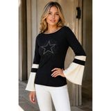 AQE FASHION Kadın Kayık Yaka Ispanyol Kol Taşlı Yıldız Detaylı Rahat Kesim Modern Şık Günlük Siyah Bej Triko Kazak - 0 - Siyah - 2XL