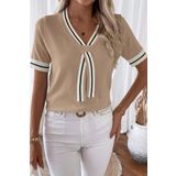 AQE FASHION Kadın Kolej Tarzı Çizgi Şeritli V Yaka Polo Stil Vizon Bluz