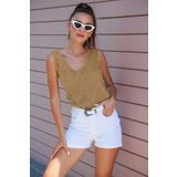 AQE FASHION Kadın Ön Arka V Yaka Kolsuz Askılı Sim Detaylı Camel Bluz