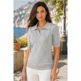 AQE FASHION Kadın Polo Yaka Kısa Kollu Baklava Desen Delikli Fitilli Şık Rahat Kesim Gri Triko Bluz T-shirt