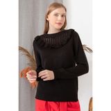 AQE FASHION Kadın Siyah Omuz Askı Detaylı Triko Kazak - 2XL